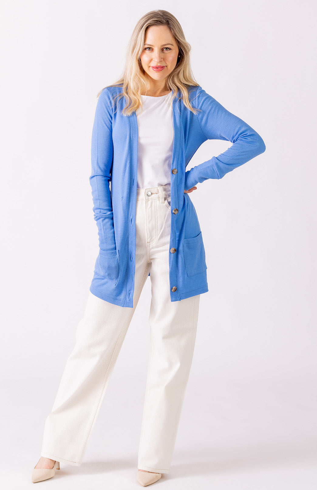 Cornflower Blue Women's Merino Wool Long Boyfriend Cardigan with Buttons