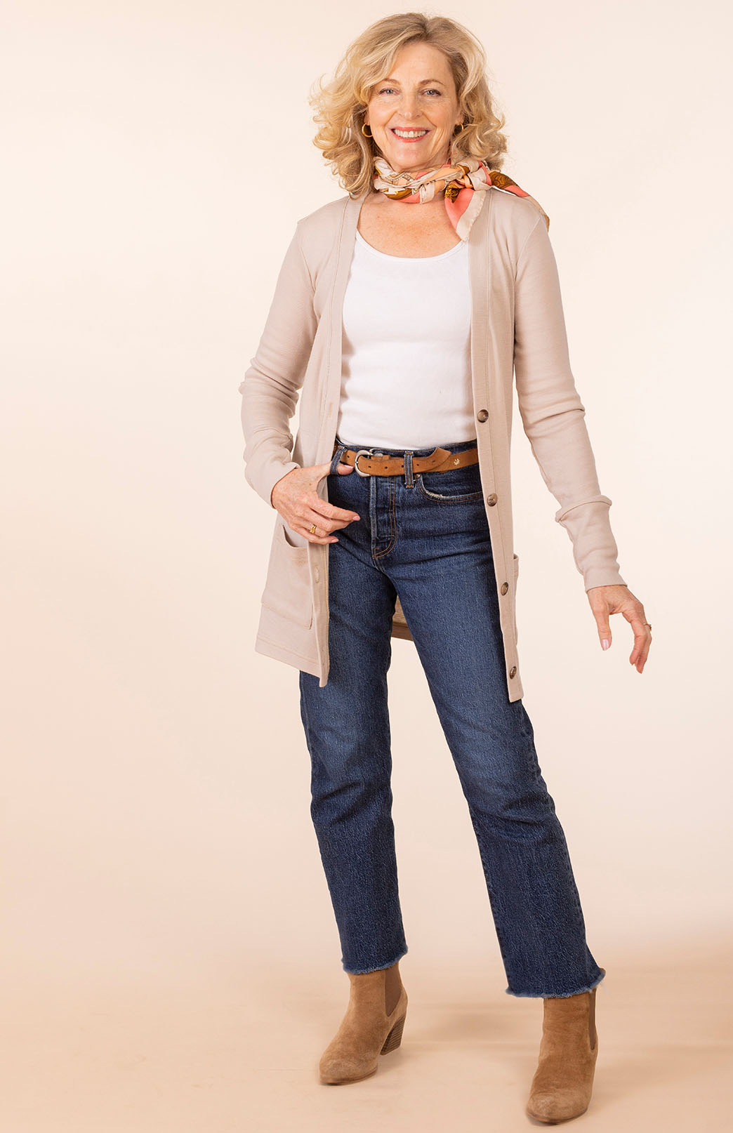 Soft Sand Women's Merino Wool Long Boyfriend Cardigan with Buttons