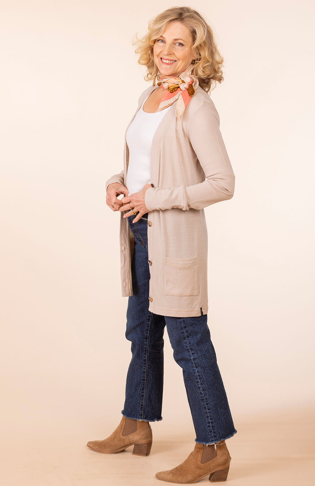 Soft Sand Women's Merino Wool Long Boyfriend Cardigan with Buttons
