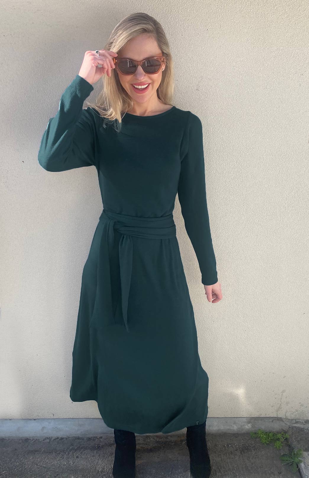 Deep Sea Green Women's Merino Wool Boat Neck Midi Dress with Long Sleeves