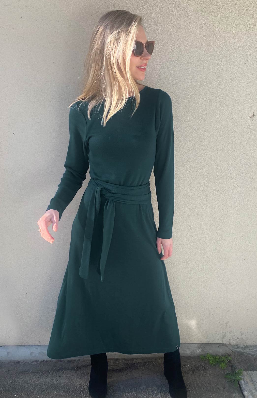 Deep Sea Green Women's Merino Wool Boat Neck Midi Dress with Long Sleeves