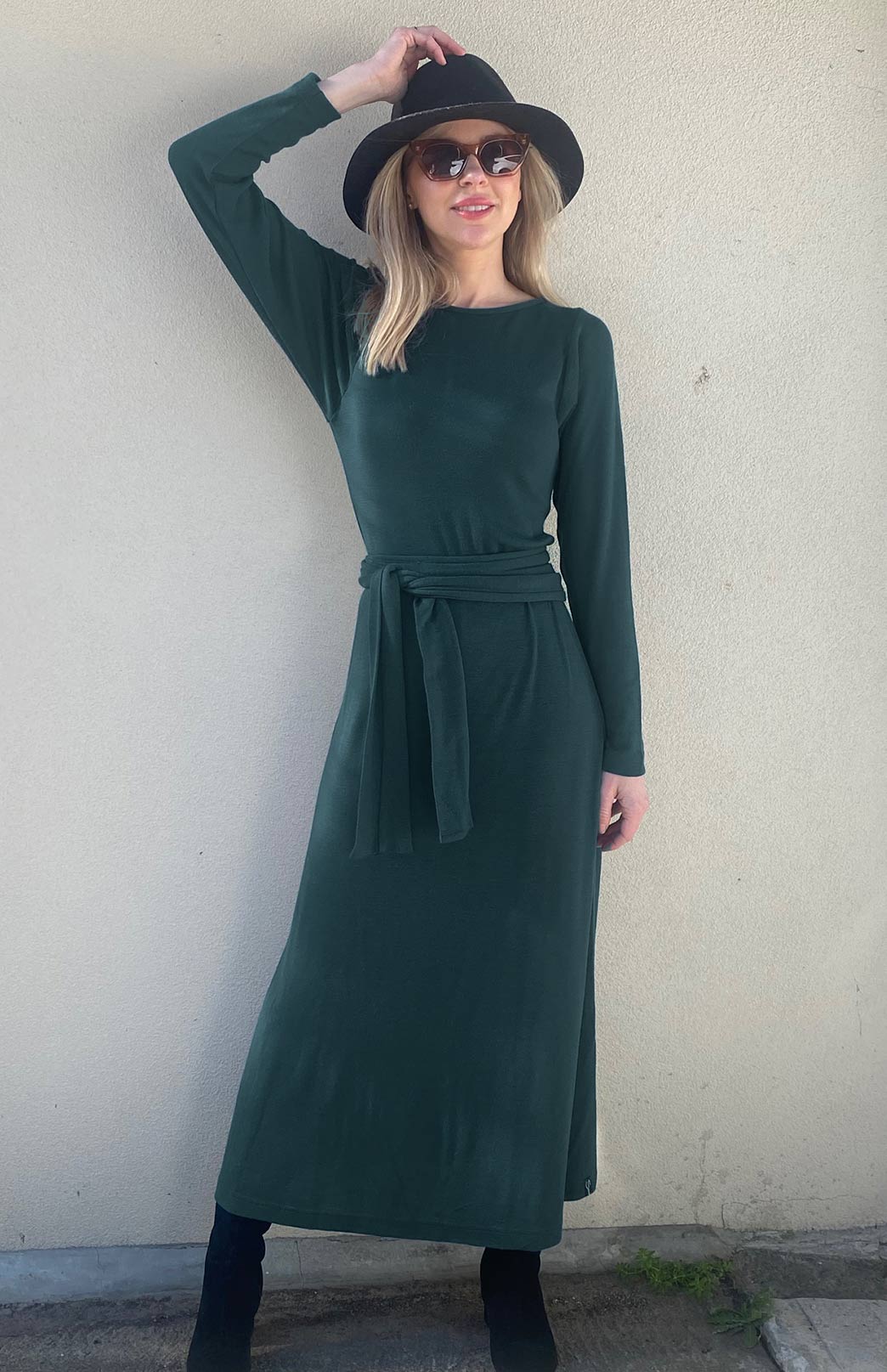 Deep Sea Green Women's Merino Wool Boat Neck Midi Dress with Long Sleeves