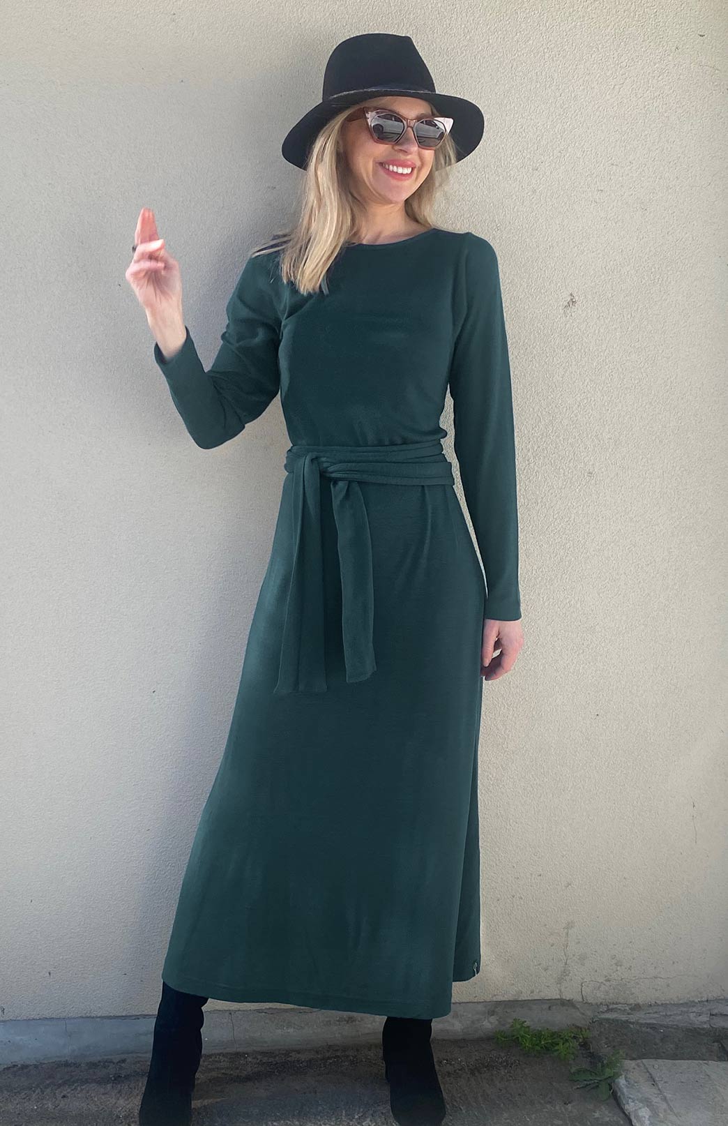 Deep Sea Green Women's Merino Wool Boat Neck Midi Dress with Long Sleeves