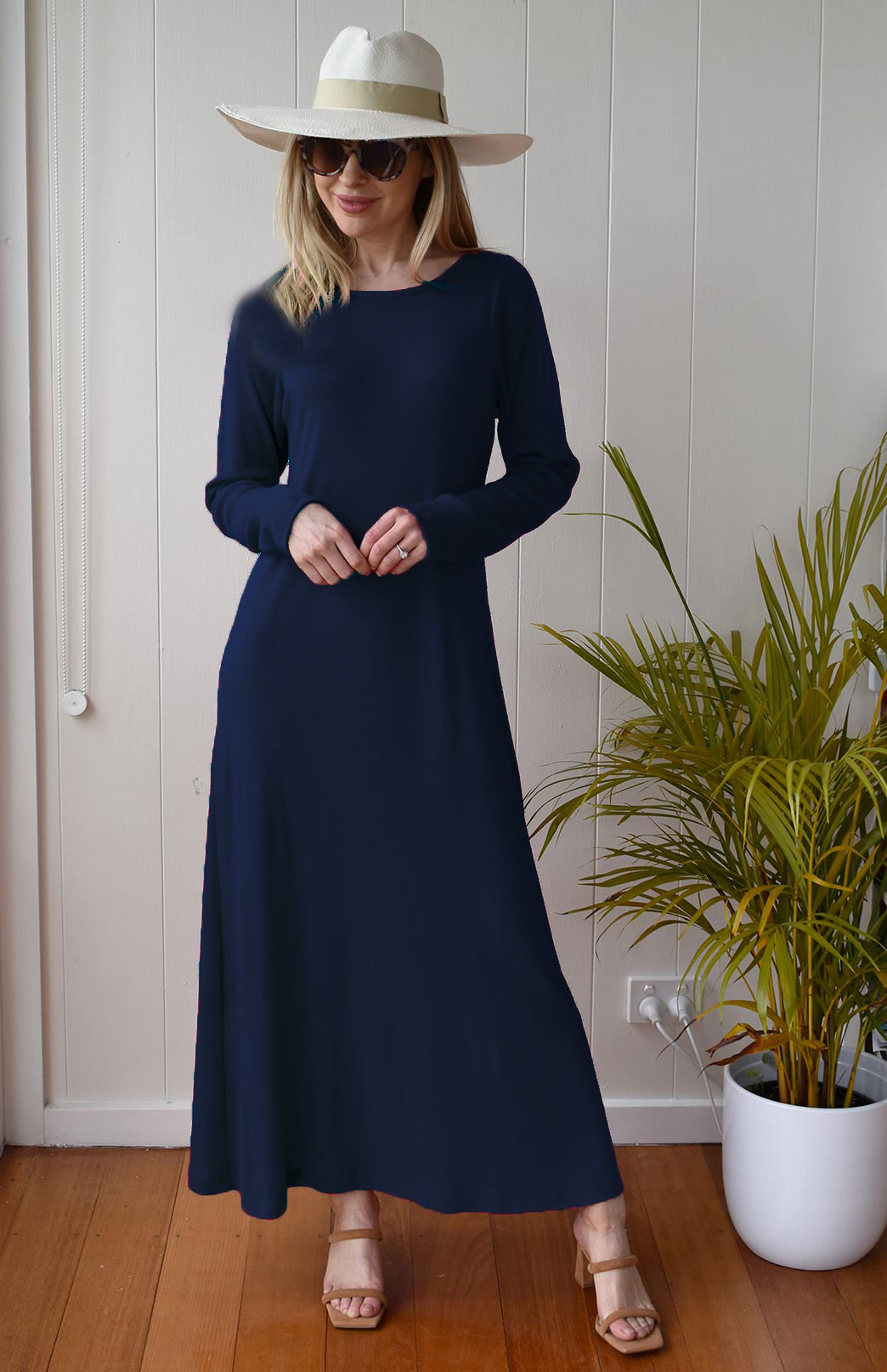 French Navy Blue Women's Merino Wool Boat Neck Midi Dress with Long Sleeves