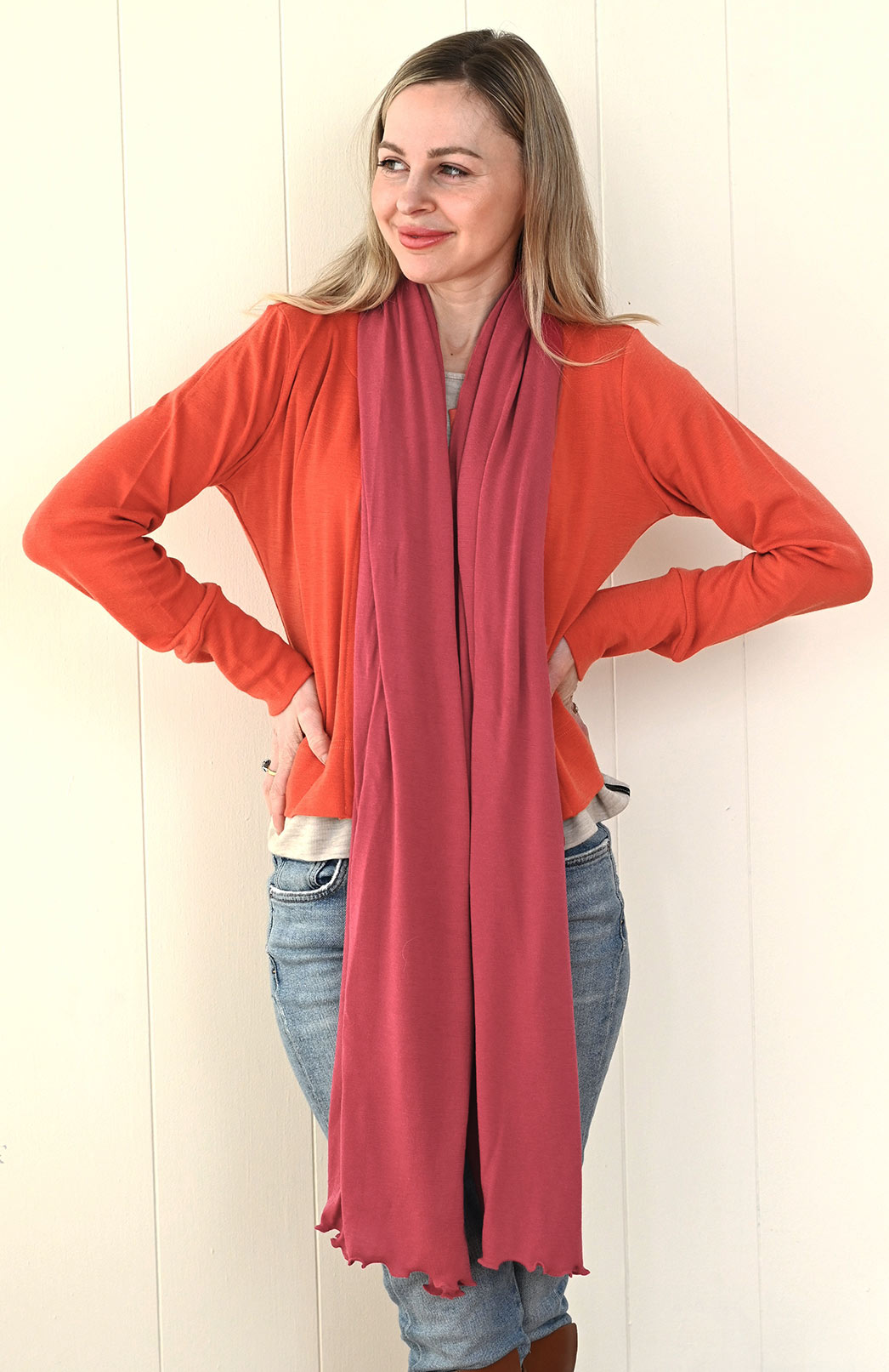 Burnt Orange Women's Merino Wool Long Sleeve Round Neck Waist Cardigan