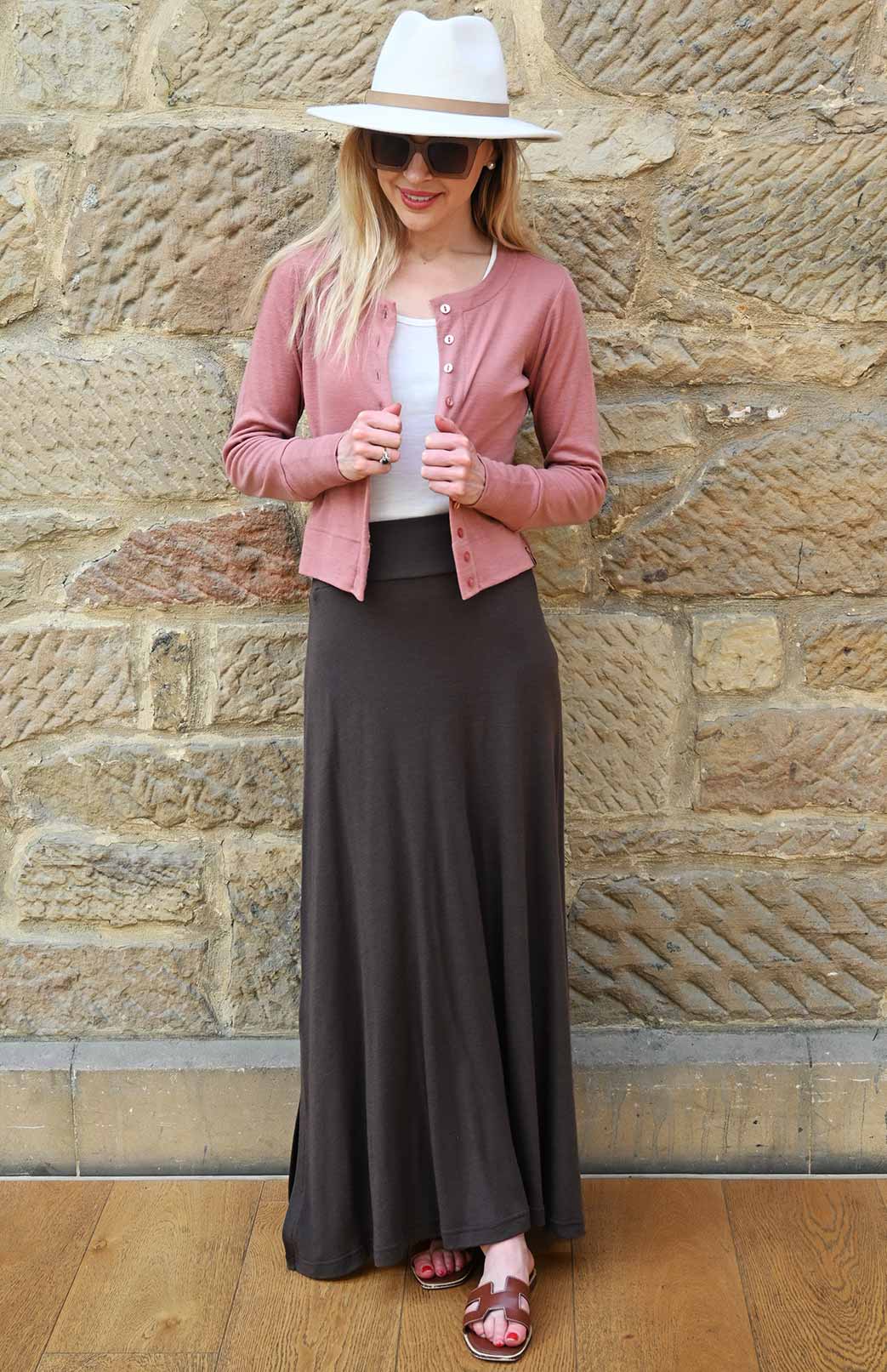 Rosewood Pink Women's Merino Wool Long Sleeve Round Neck Waist Cardigan