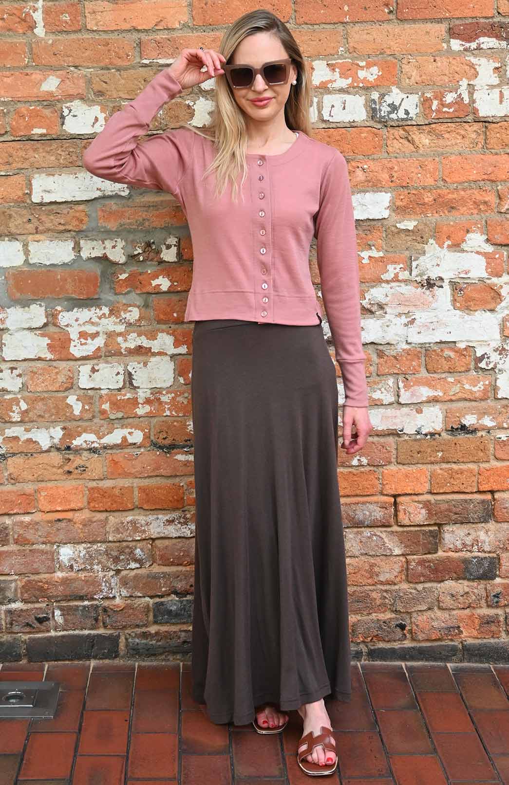 Chocolate Brown Women's Merino Wool Midweight A-Line Midi Skirt