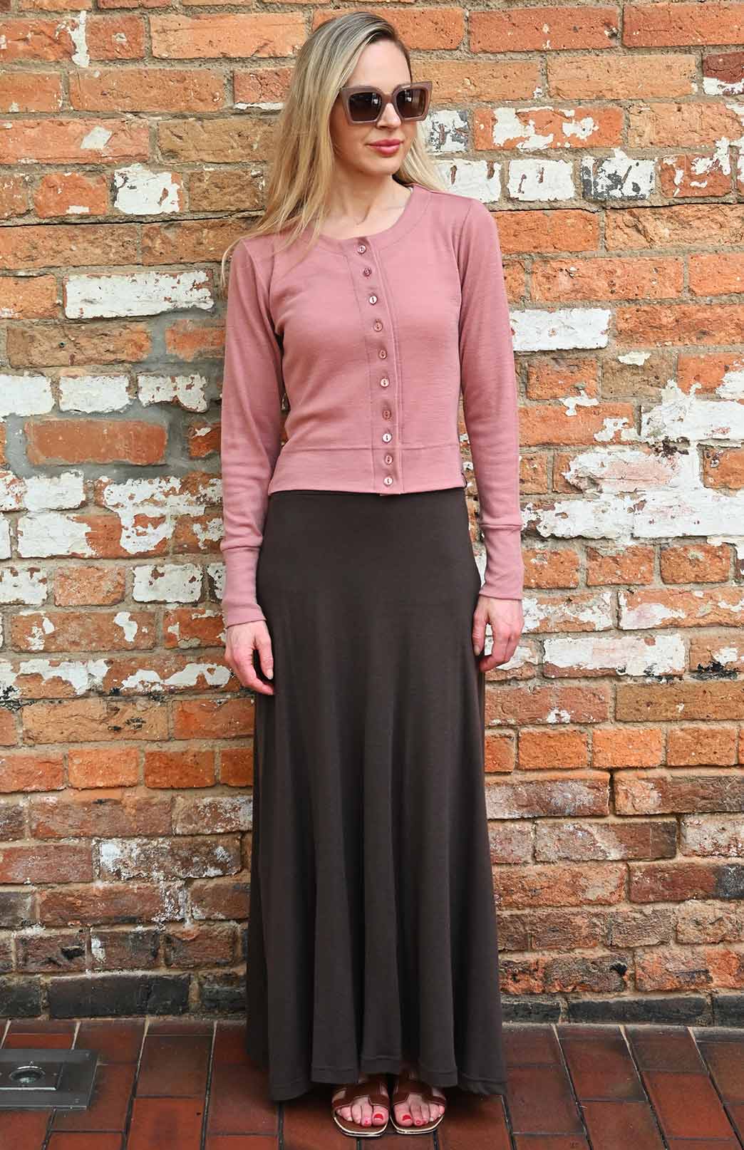 Rosewood Pink Women's Merino Wool Long Sleeve Round Neck Waist Cardigan