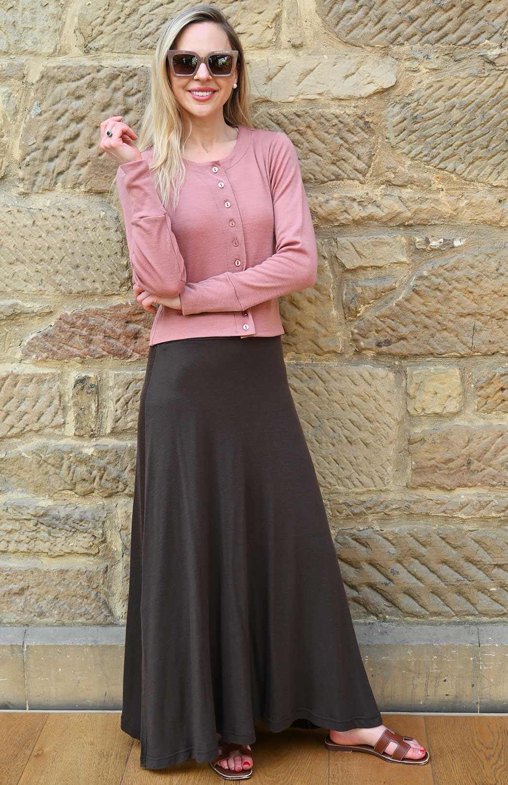 Chocolate Brown Women's Merino Wool Midweight A-Line Midi Skirt