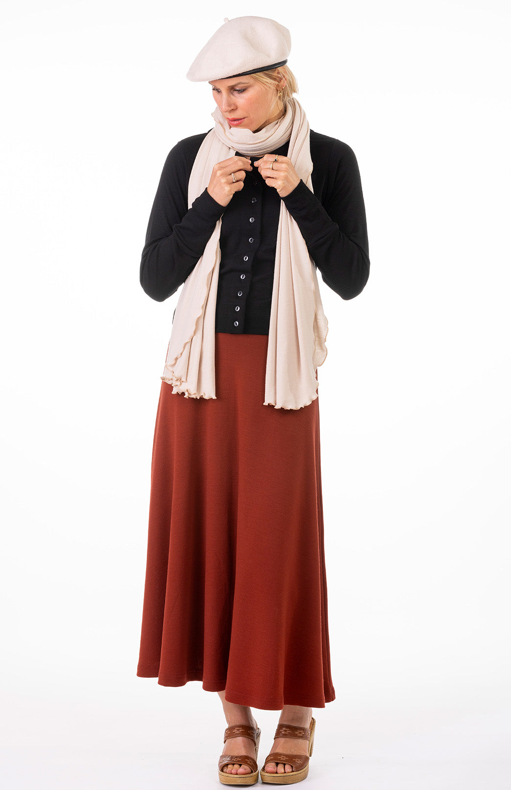 Shiraz Red Women's Merino Wool Ponte A-Line Midi Skirt