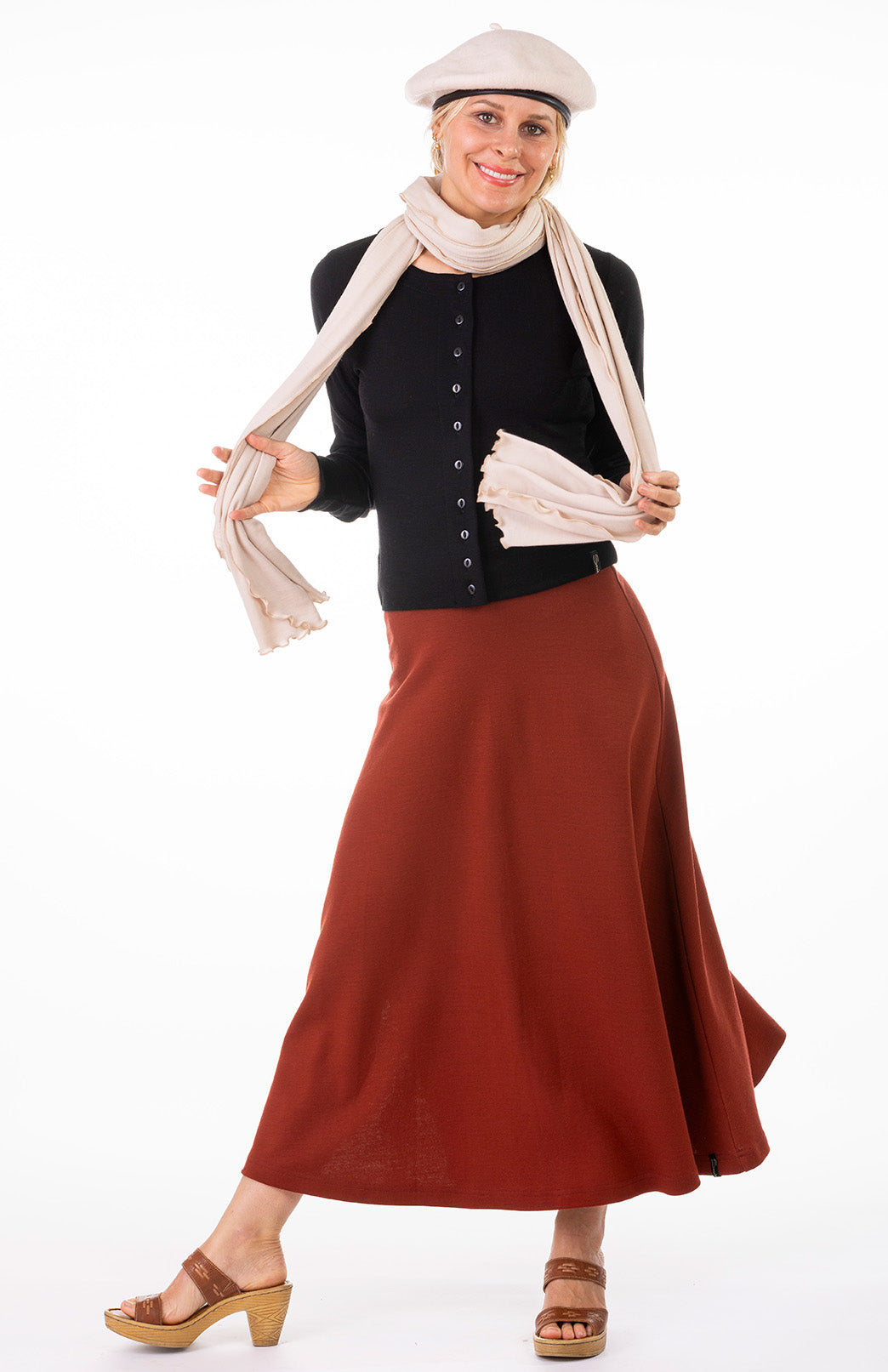 Shiraz Red Women's Merino Wool Ponte A-Line Midi Skirt