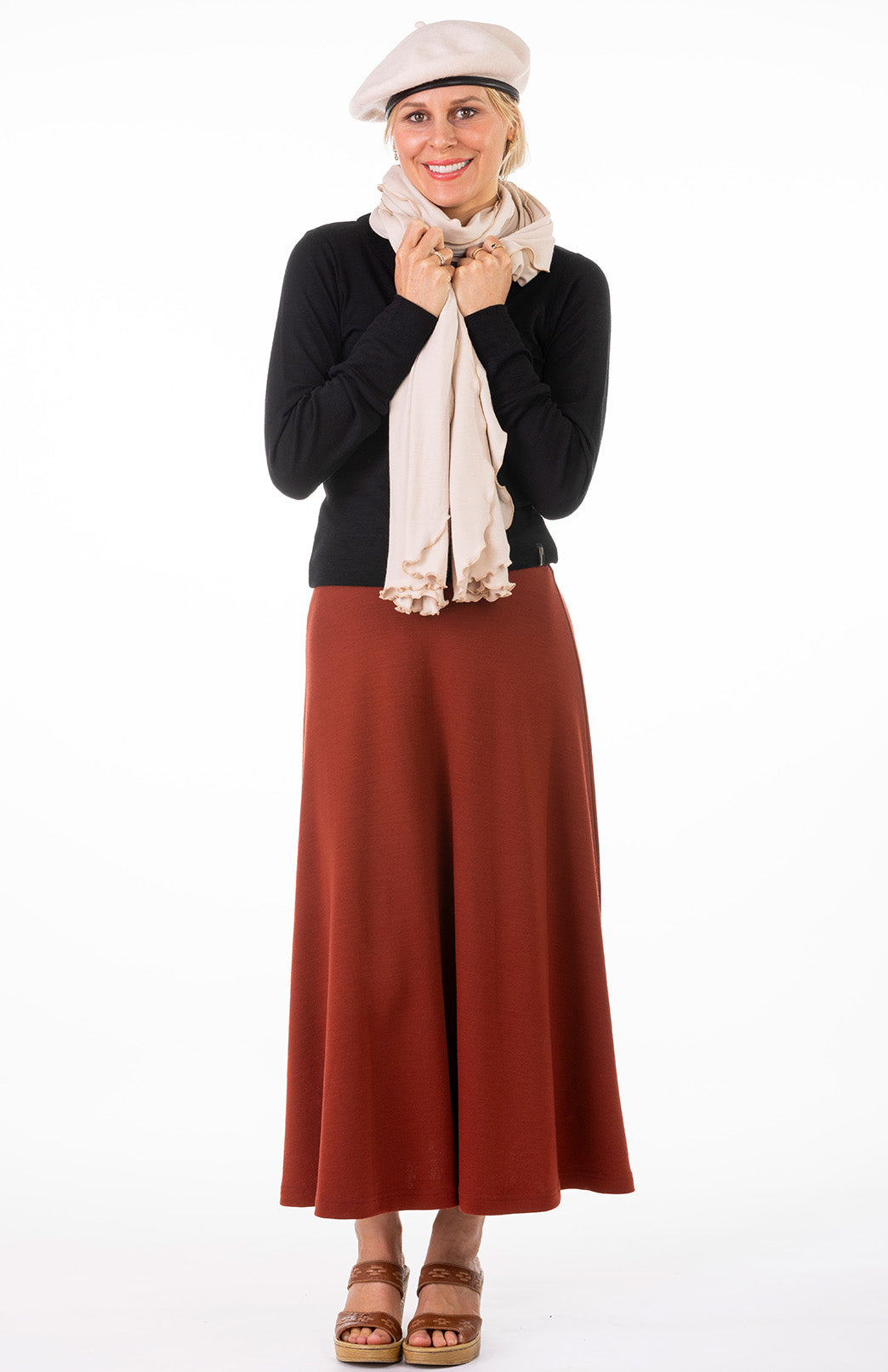 Shiraz Red Women's Merino Wool Ponte A-Line Midi Skirt