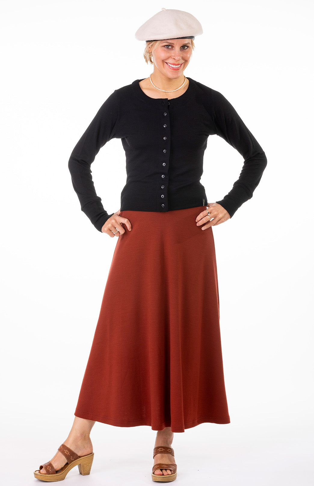 Black Women's Merino Wool Long Sleeve Round Neck Waist Cardigan