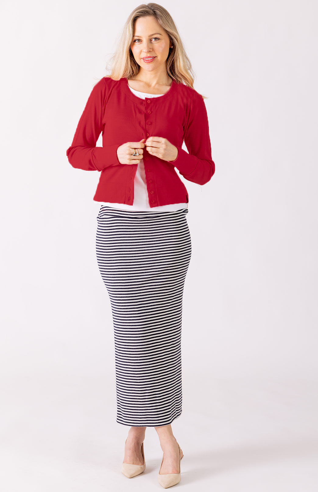 Chilli Red Women's Merino Wool Long Sleeve Round Neck Waist Cardigan