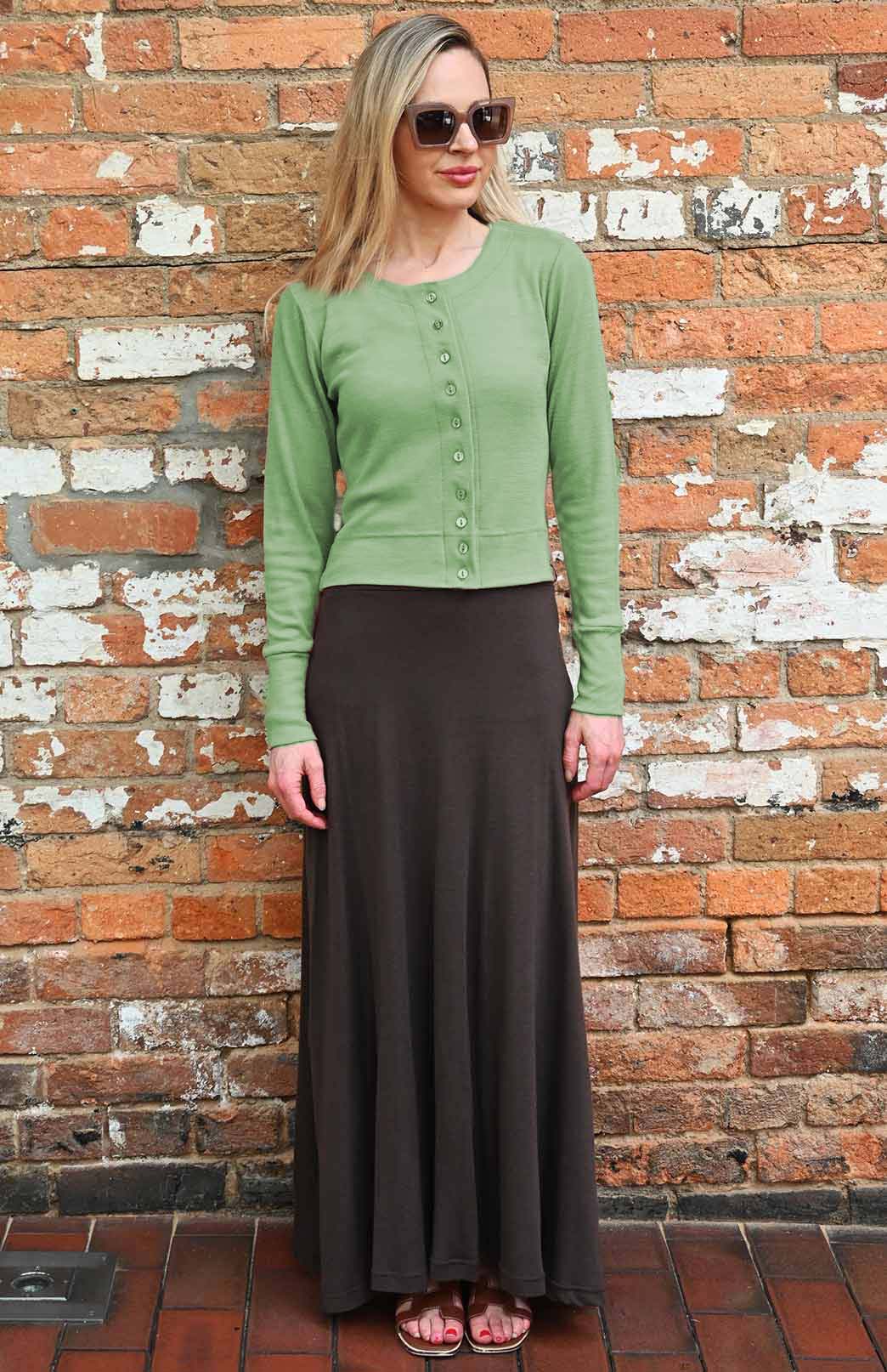 Chocolate Brown Women's Merino Wool Midweight A-Line Midi Skirt