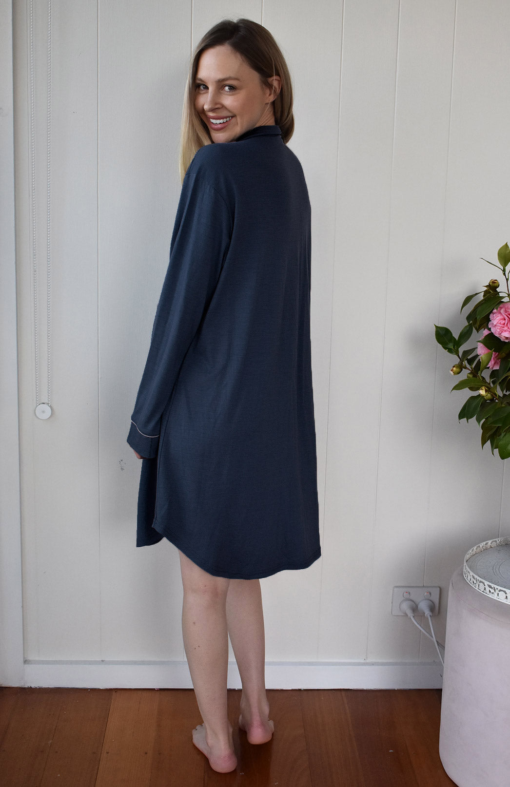 Navy Blue Women's Merino Wool Button Down Long Sleeved Nightshirt