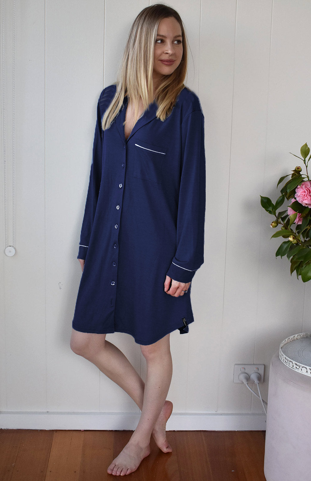 Navy Blue Women's Merino Wool Button Down Long Sleeved Nightshirt