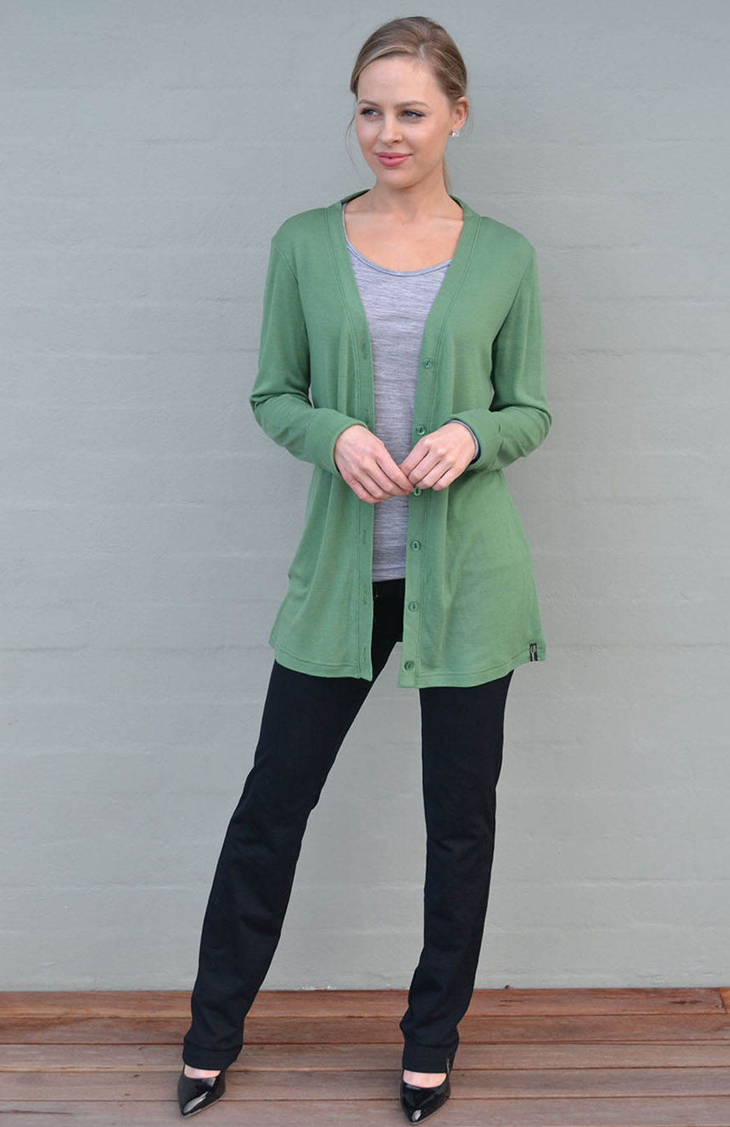Artichoke Green Women's Merino Wool Button Cardigan