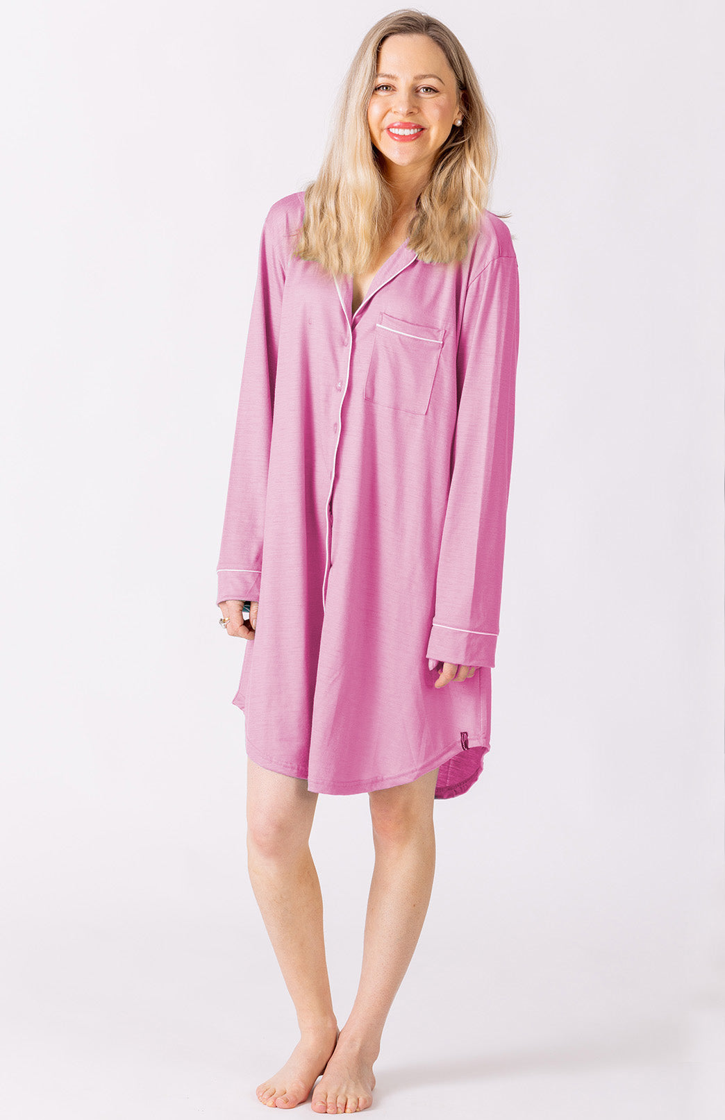 Crocus Pink Women's Merino Wool Button Down Long Sleeved Nightshirt Nightie