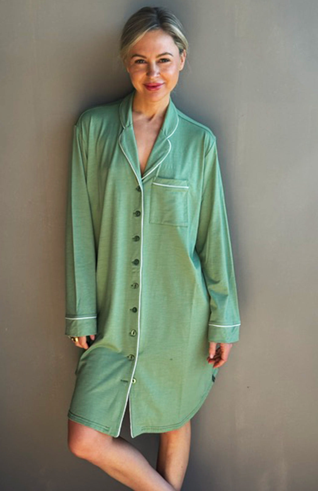Matcha Green Women's Merino Wool Button Down Long Sleeved Nightshirt Nightie
