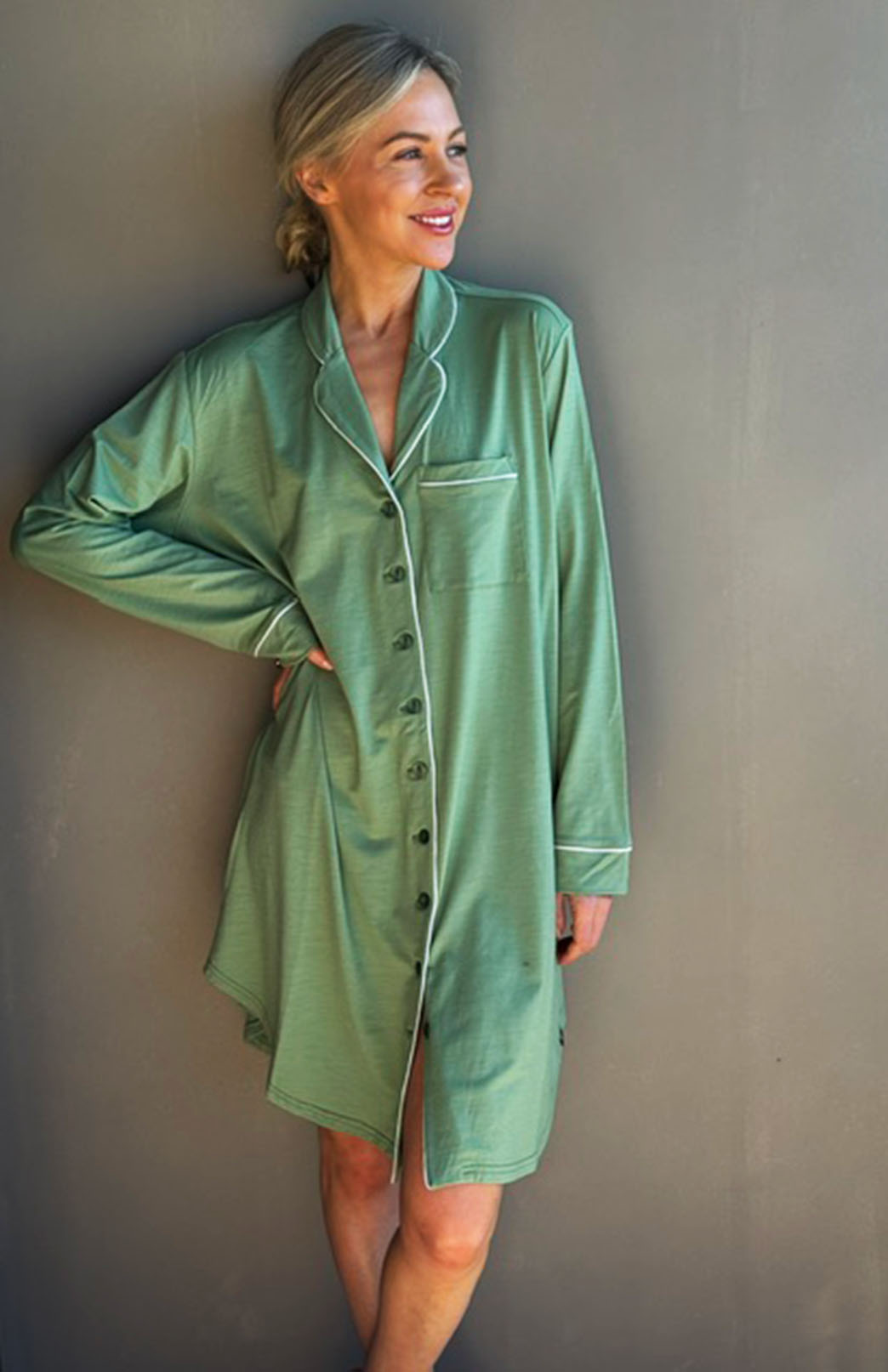 Matcha Green Women's Merino Wool Button Down Long Sleeved Nightshirt Nightie