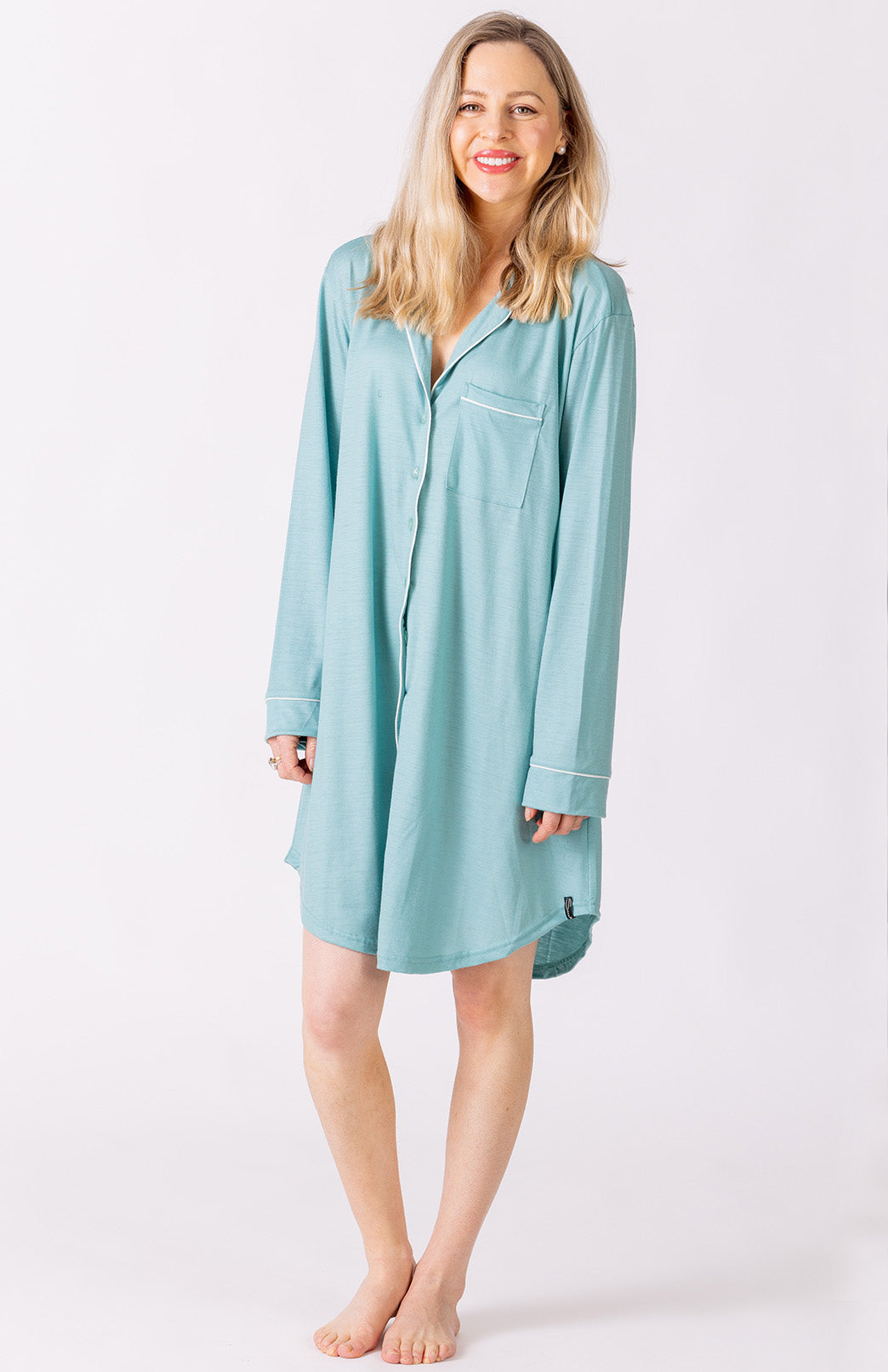 Mint Green Women's Merino Wool Button Down Long Sleeved Nightshirt