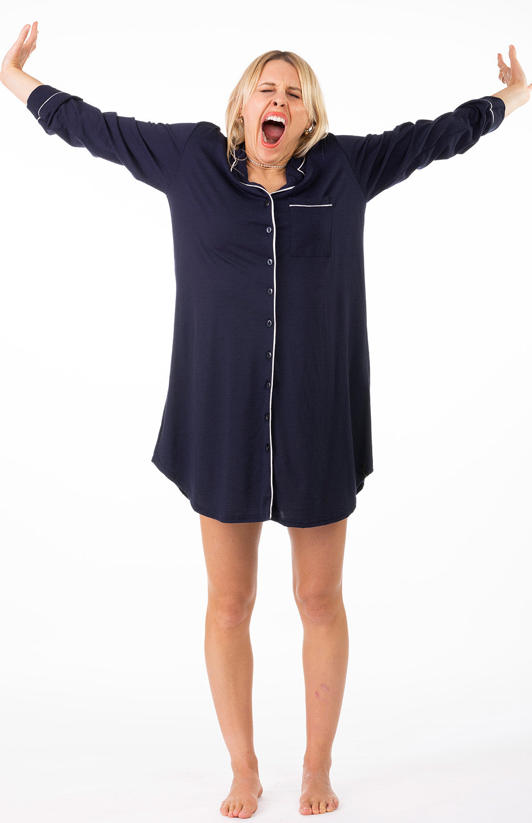 Navy Blue Women's Merino Wool Button Down Long Sleeved Nightshirt Nightie
