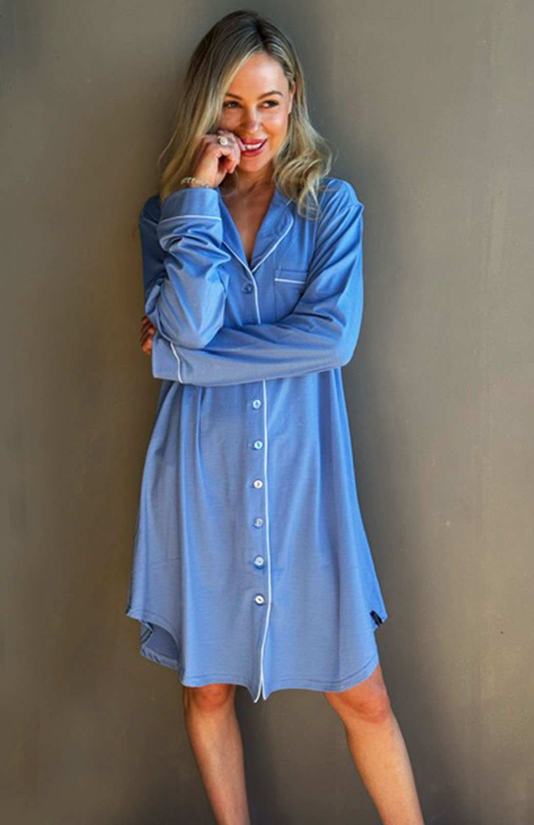 Jacaranda Blue Women's Merino Wool Button Down Long Sleeved Nightshirt Nightie
