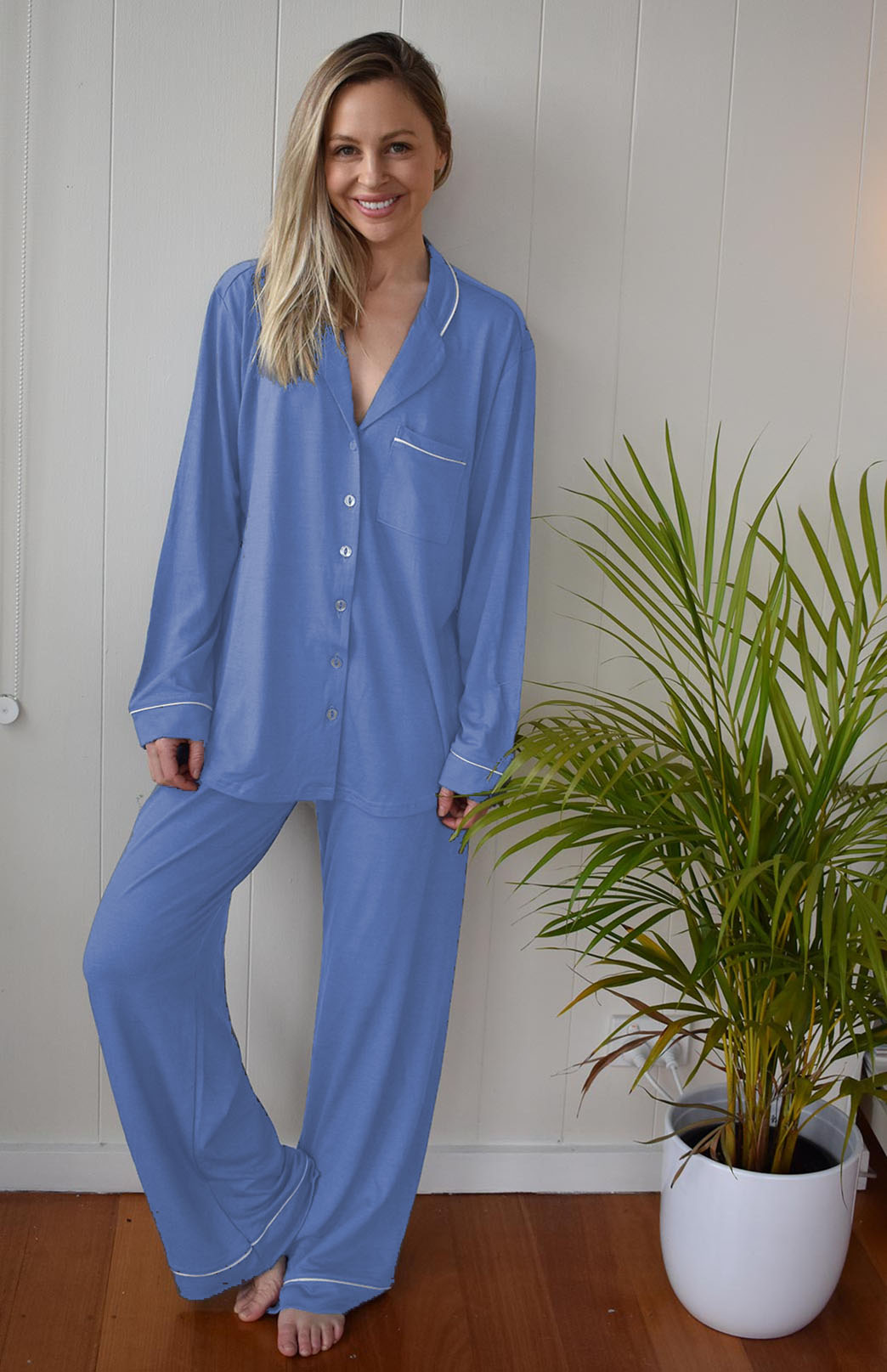 Jacaranda Blue Merino Wool Long Pyjama Pants with Piping
