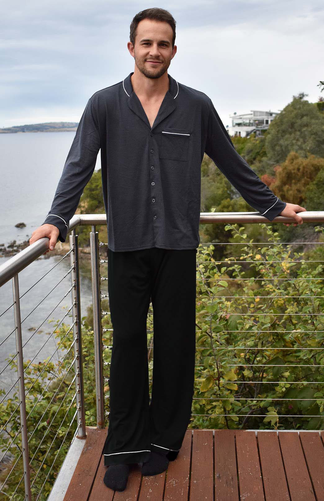 Black Merino Wool Long Pyjama Pants with Piping
