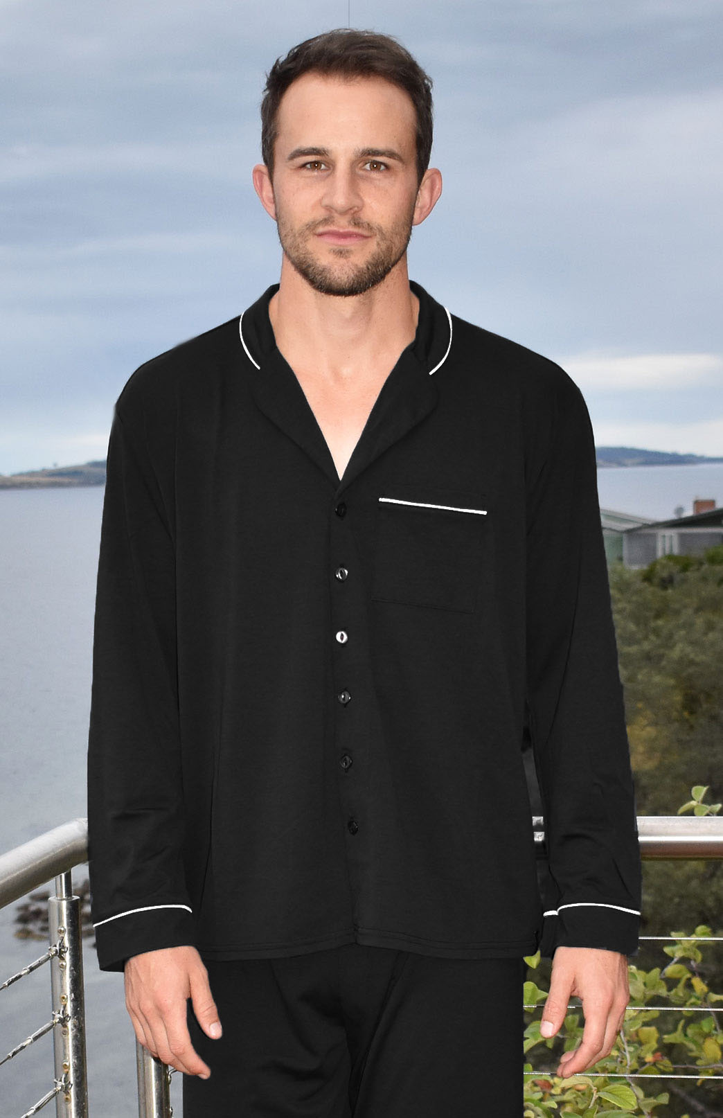 Black Men's Superfine Merino Wool T-Shirt and Long Pant Winter Pyjama Set