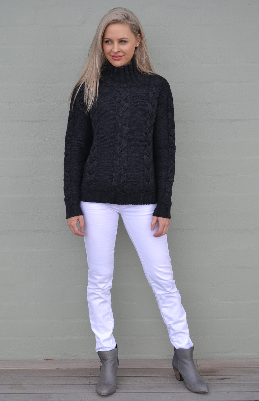 Charcoal Women's Merino Wool Cable Knit Jumper 