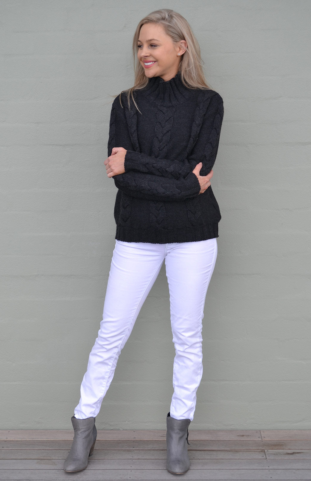 Women's Dropped Shoulder Cable Crew Jumper in Charcoal Grit