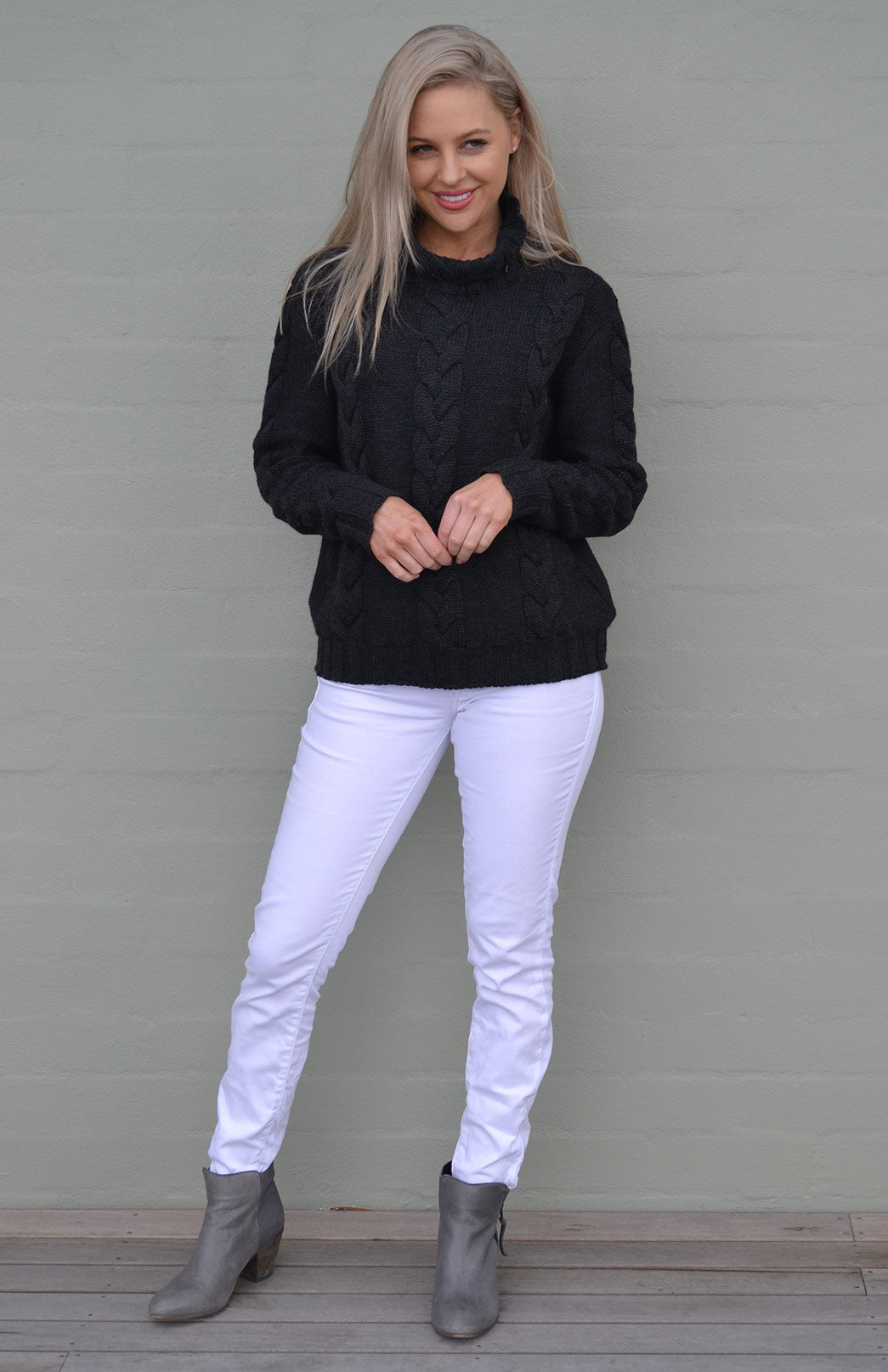 Charcoal Women's Merino Wool Cable Knit Jumper 