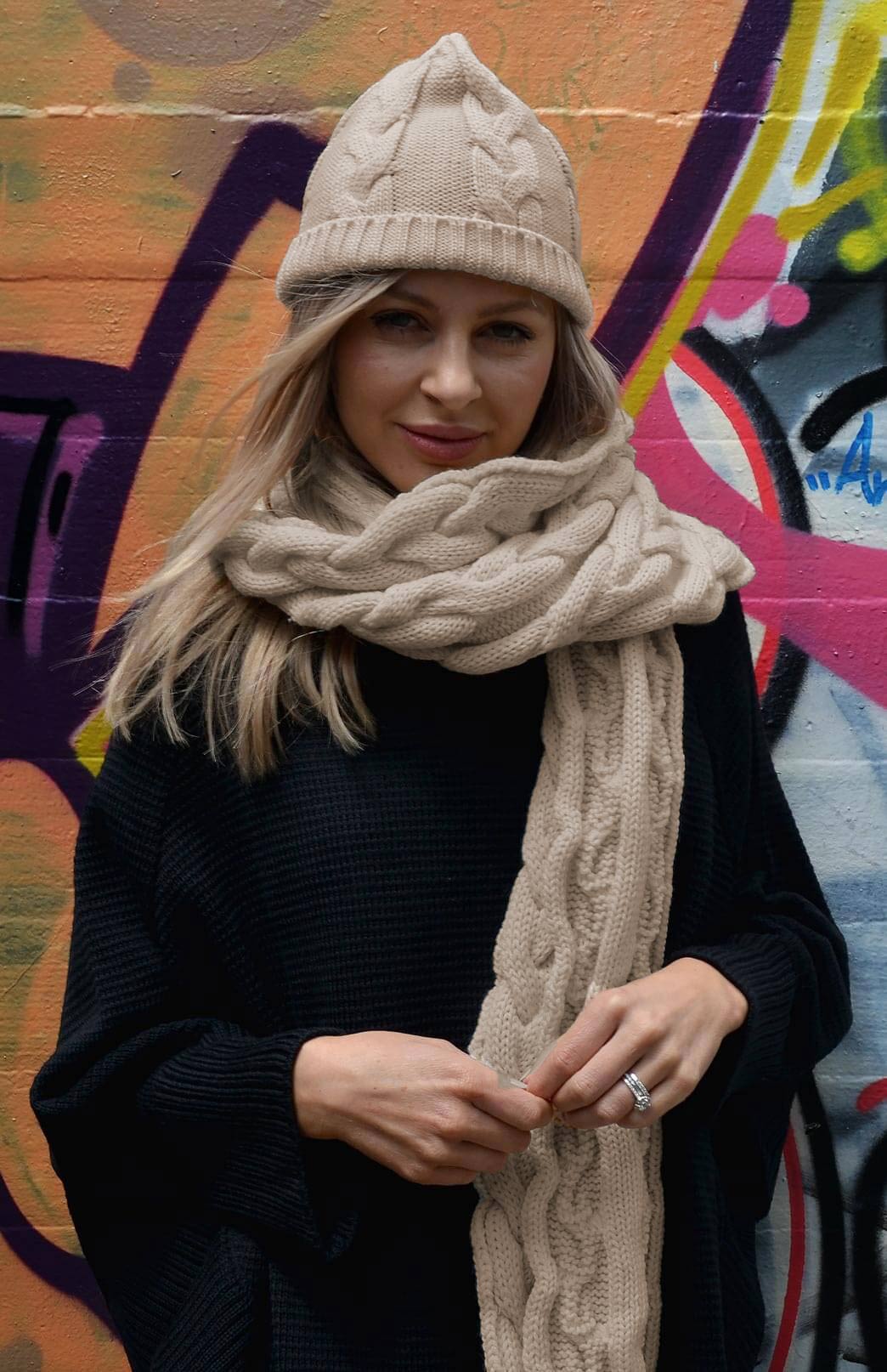 Oatmeal Merino Wool Cable Knit Beanie