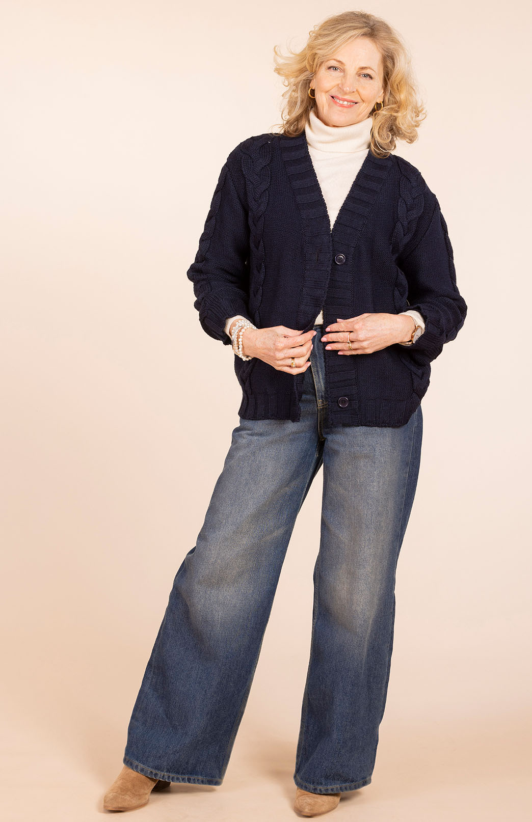 Navy Blue Women's Merino Wool Cable Knit Cardigan