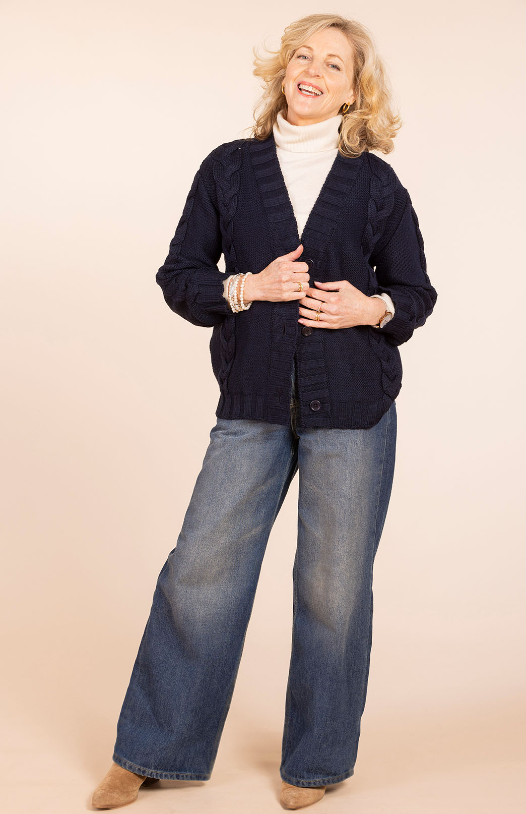 Navy Blue Women's Merino Wool Cable Knit Cardigan