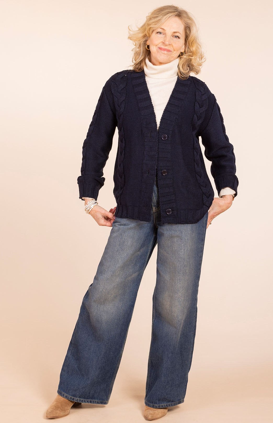 Navy Blue Women's Merino Wool Cable Knit Cardigan