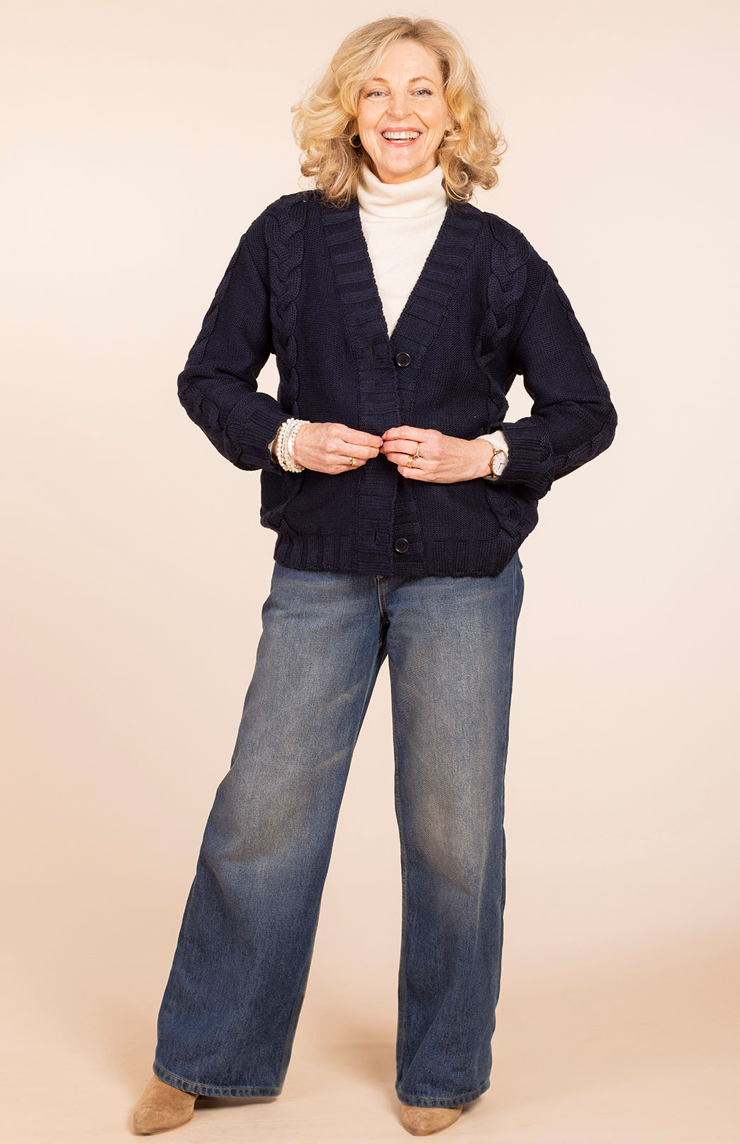 Navy Blue Women's Merino Wool Cable Knit Cardigan