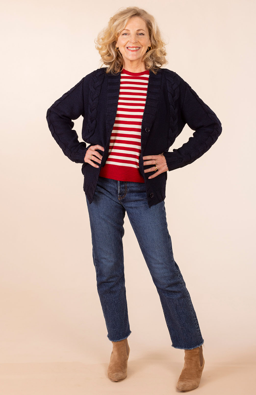 Red & Ivory Stripe - Round Neck Women's Long Sleeve Classic Knitted Merino Wool Top