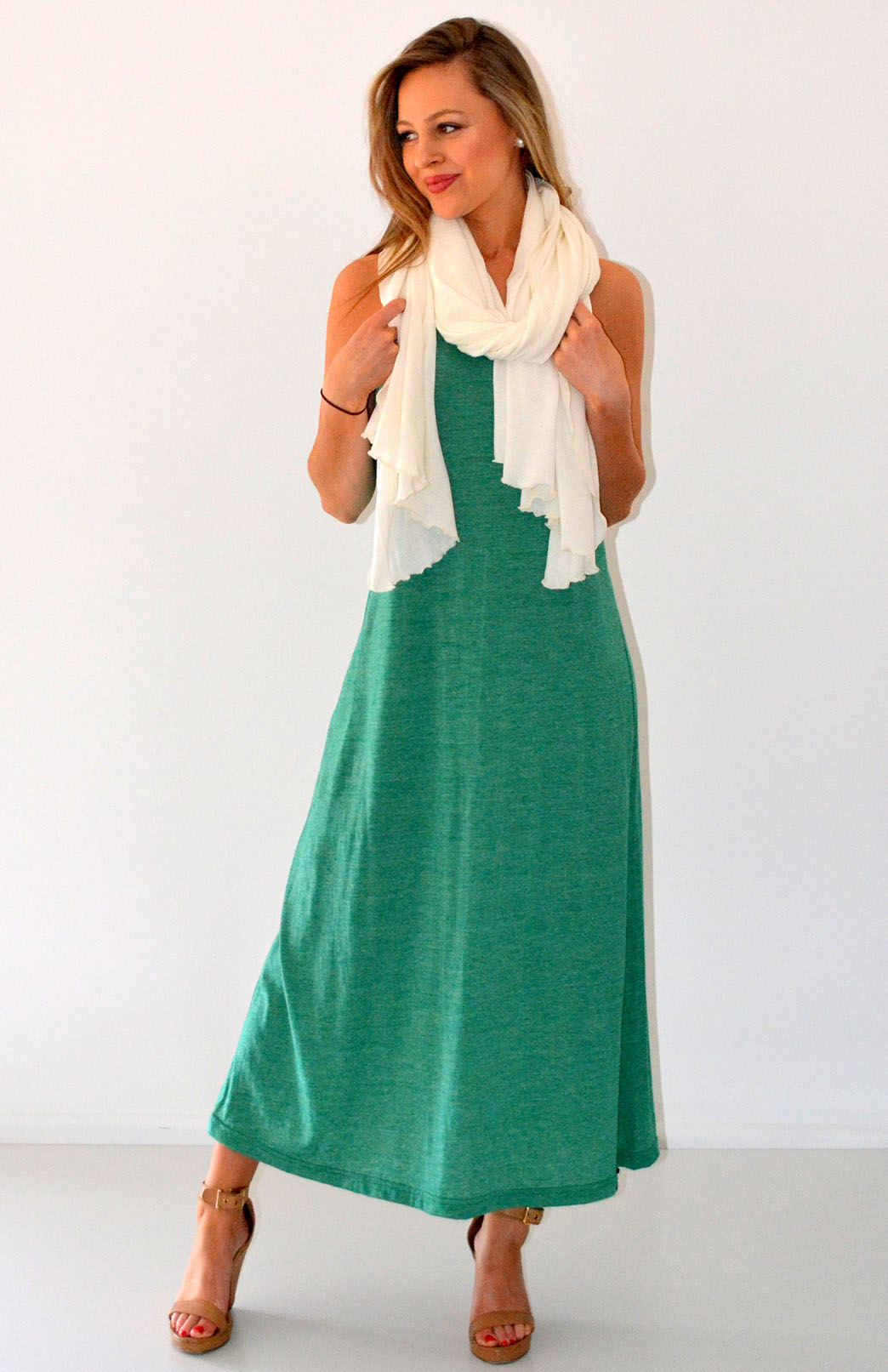 Emerald Green Pinstripe Women&#39;s Merino Wool &amp;amp; Organic Cotton Long Slip Dress
