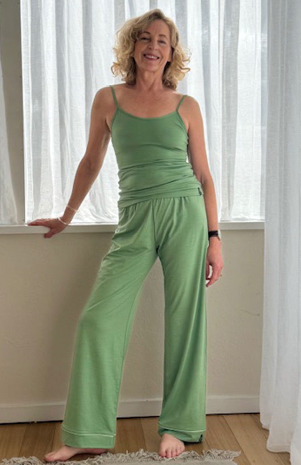 Matcha Green Merino Wool Long Pyjama Pants with Piping
