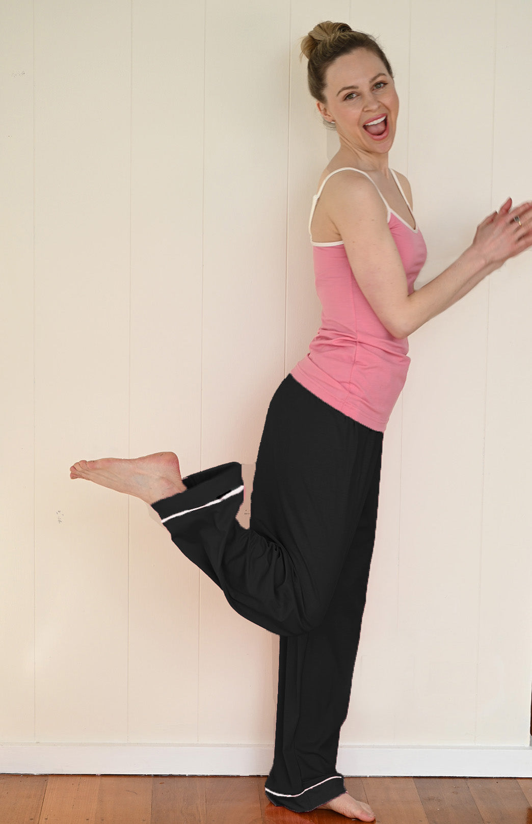 Black Merino Wool Long Pyjama Pants with Piping