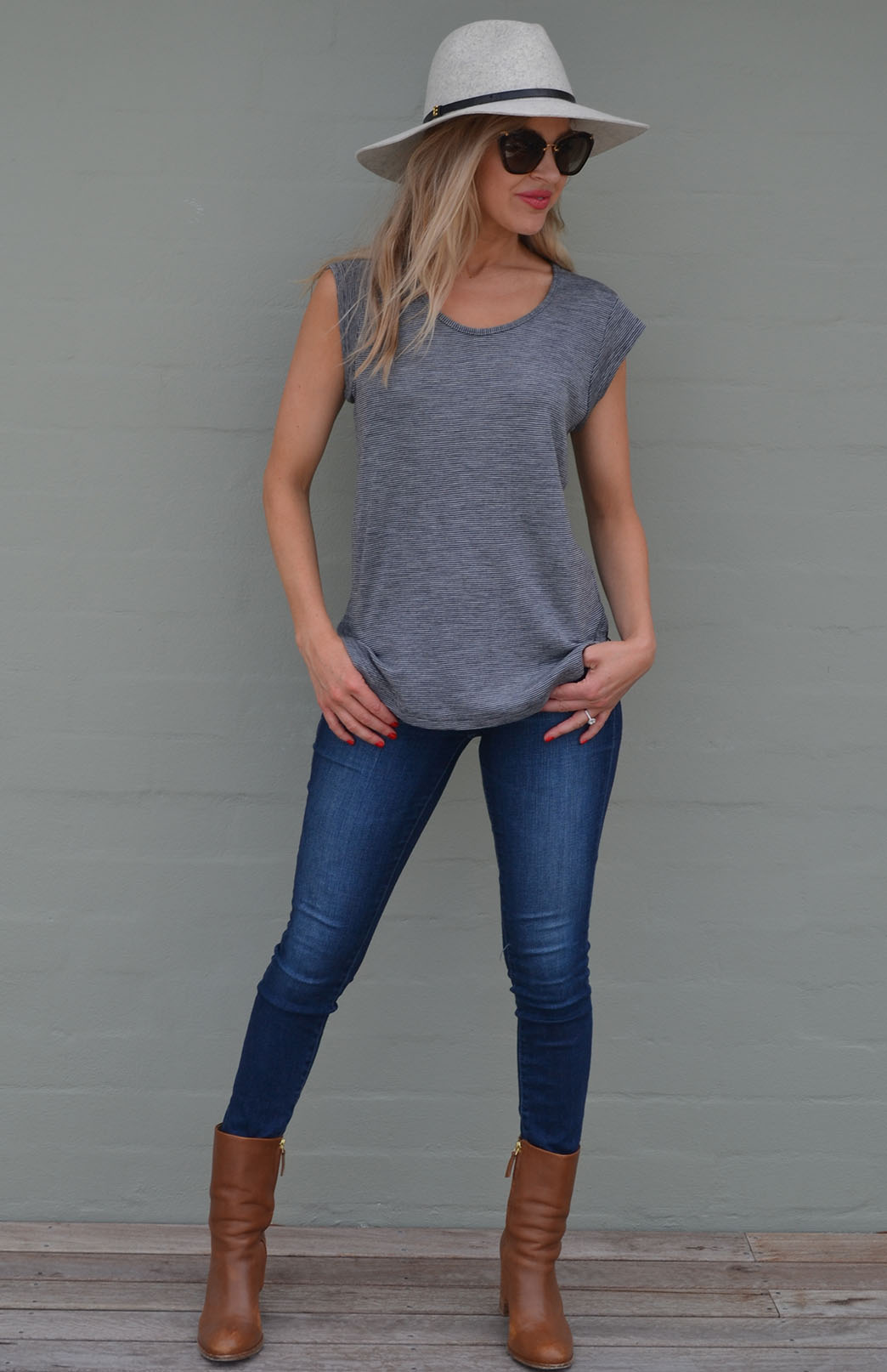 Grey Pinstripe Women's Merino Wool Cap Sleeve T-Shirt