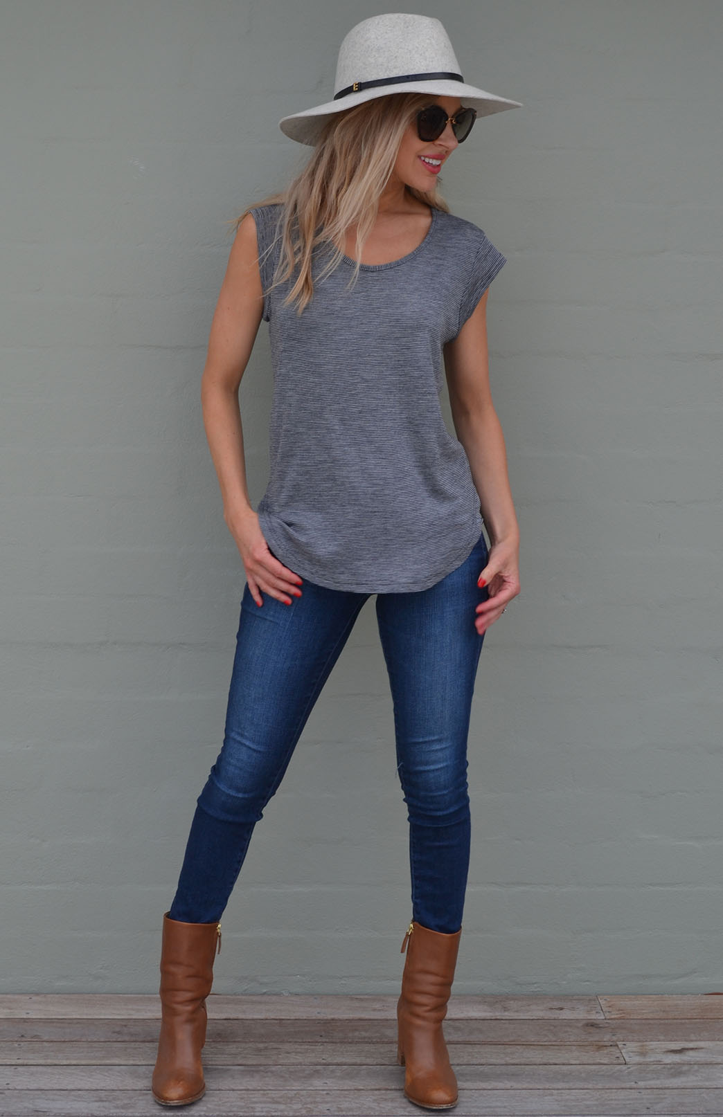 Grey Pinstripe Women's Merino Wool Cap Sleeve T-Shirt