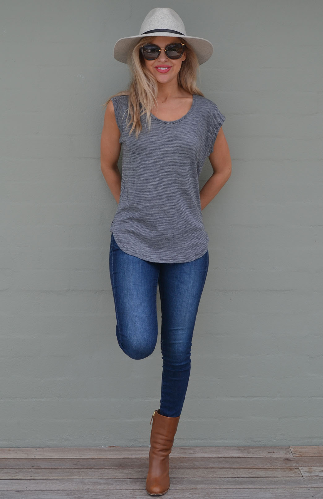 Grey Pinstripe Women&#39;s Merino Wool Cap Sleeve T-Shirt
