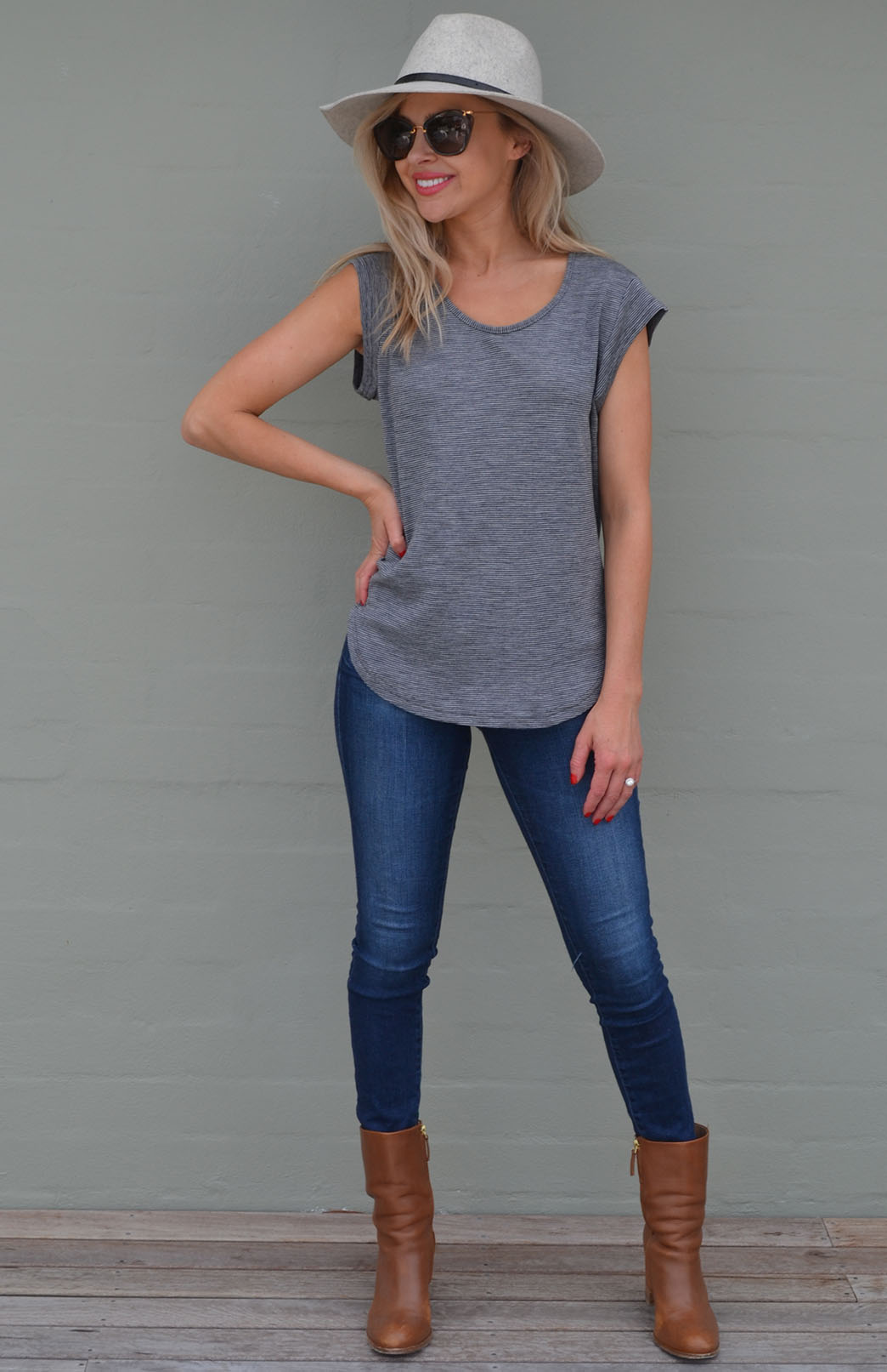 Grey Pinstripe Women&#39;s Merino Wool Cap Sleeve T-Shirt
