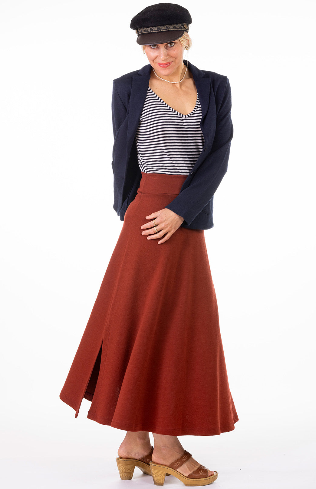 Navy & Ivory Stripe Women's Merino Wool Cap Sleeve T-Shirt