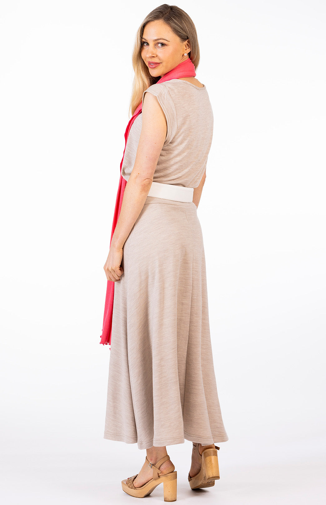 Oatmeal Marl Women's Merino Wool Ponte A-Line Midi Skirt