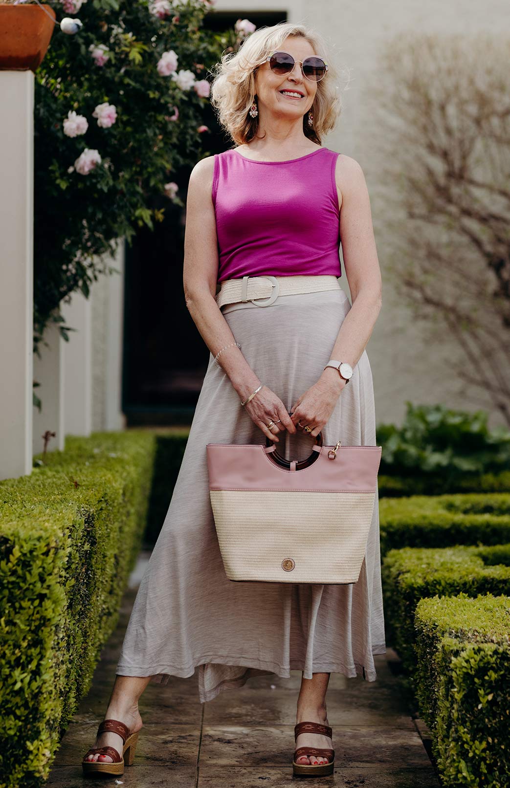 Fuchsia Pink Women&#39;s Merino Wool Sleeveless Capri Top
